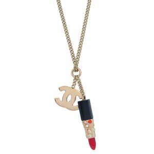 Chanel Lipstick Gold CC Pendant Necklace Rhinestone 04A 195342